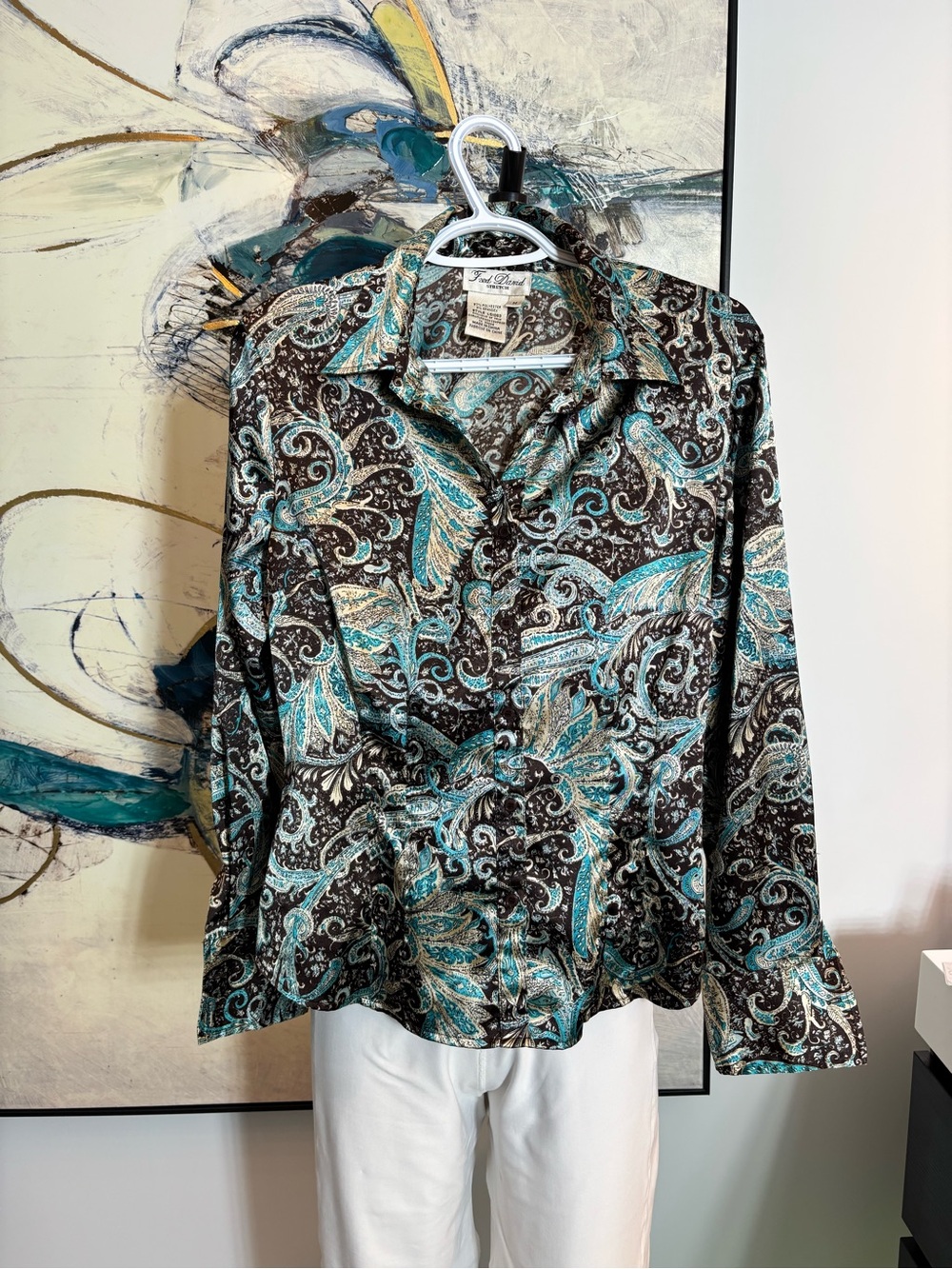 Paisley Button-Front Long-Sleeve Top in Teal and Brown Stretch - Picture 2 of 10